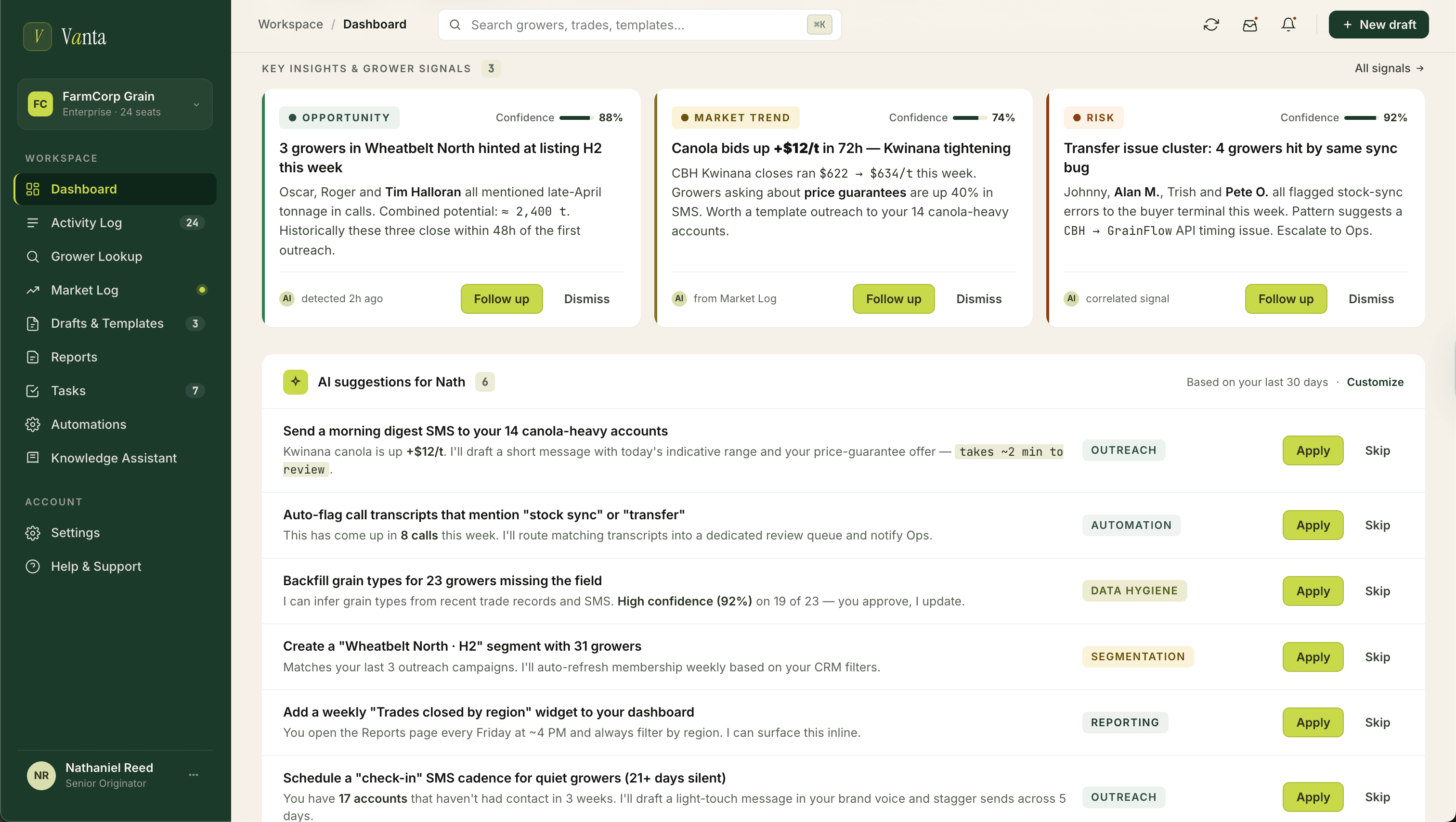 AI-suggested actions including call prompts, new sales for farmers, and scheduling recommendations