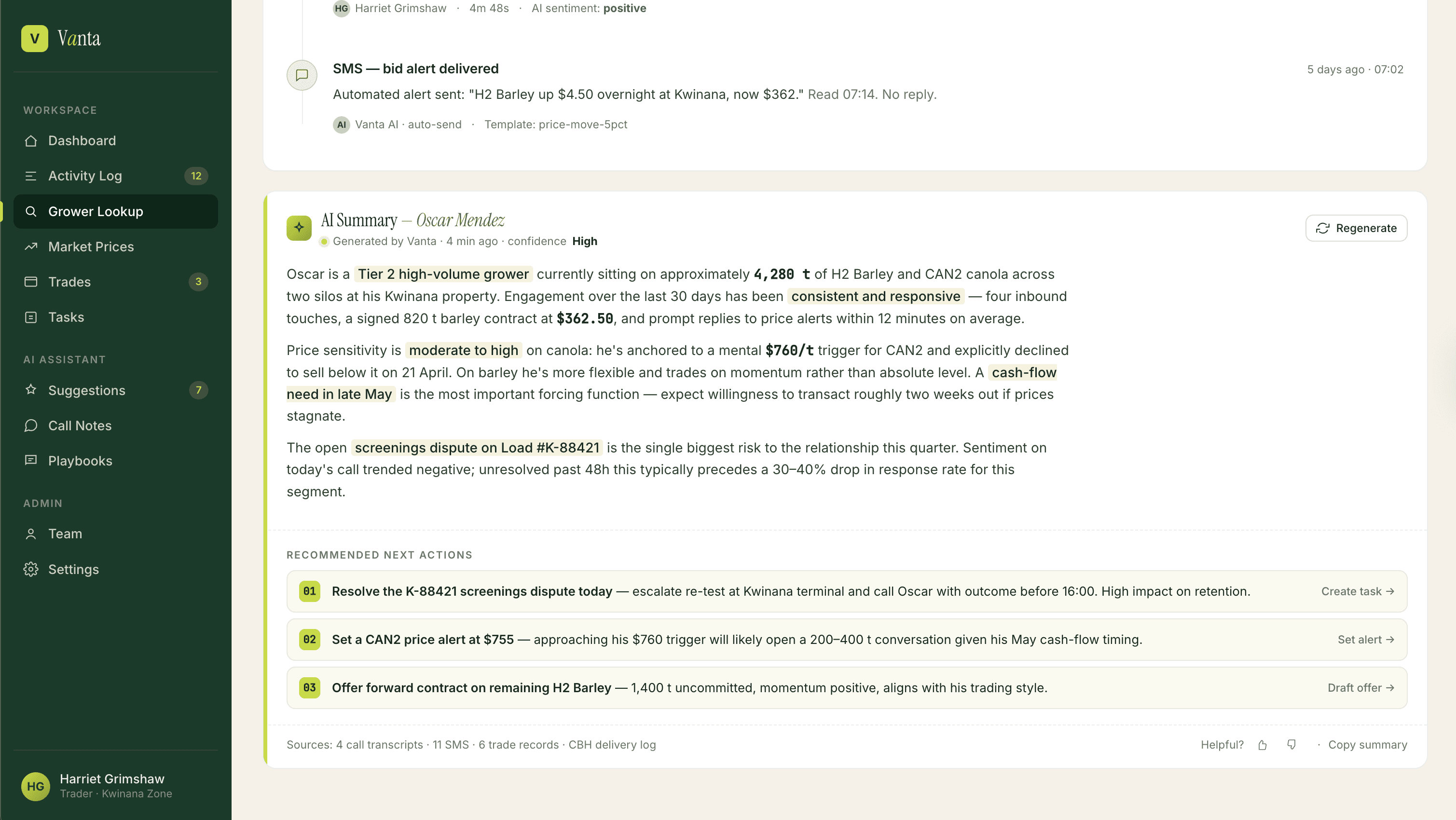 AI summary of grower and recommended next actions