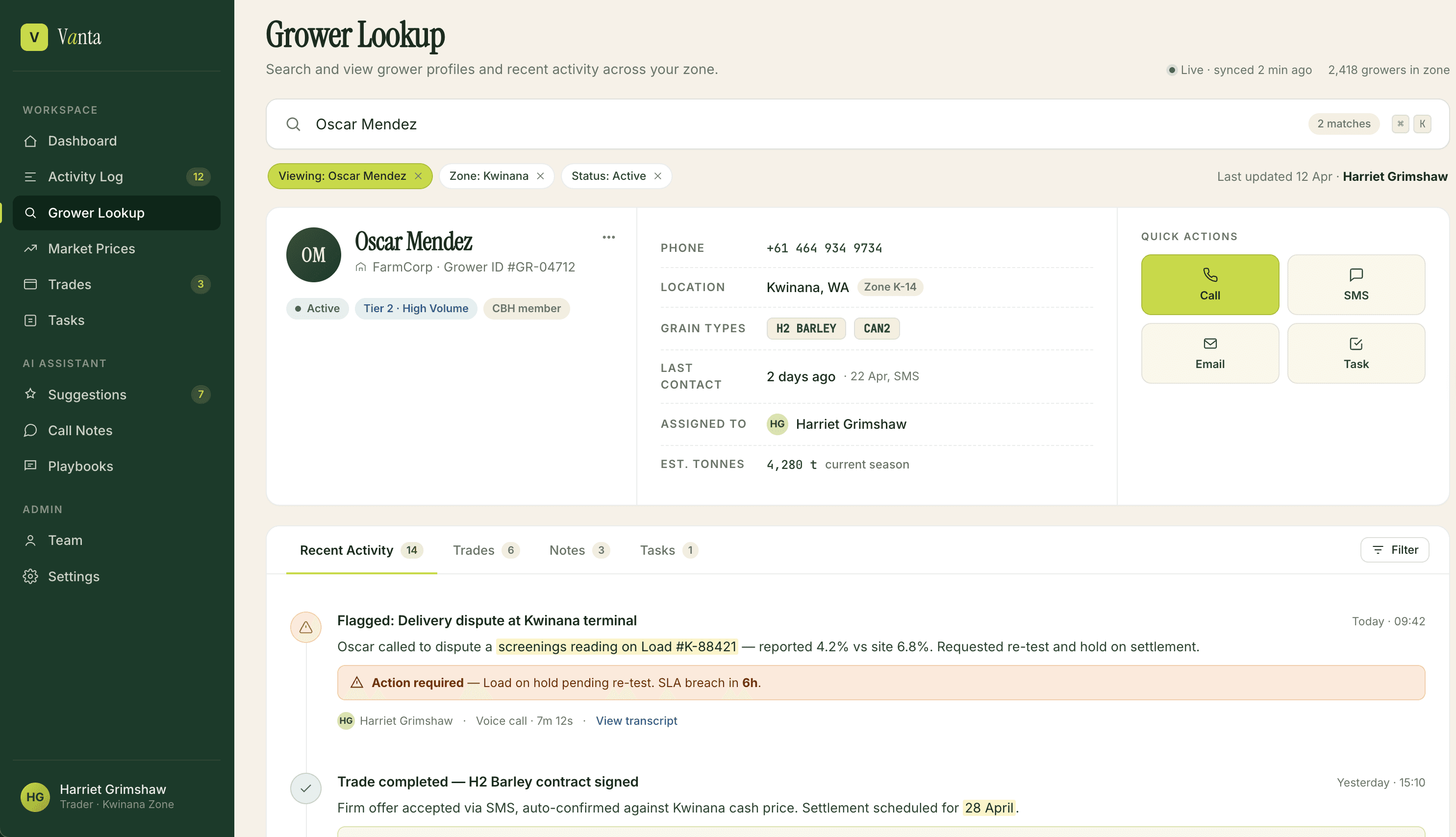 Grower profile page with contact info, grain types, tonnage, and associated warehouses