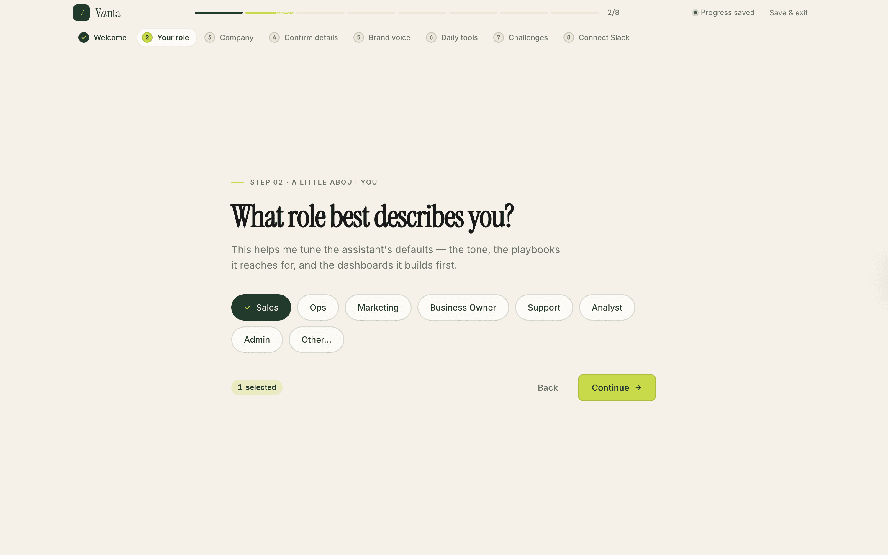 Onboarding step 2 selecting user role to tune assistant defaults