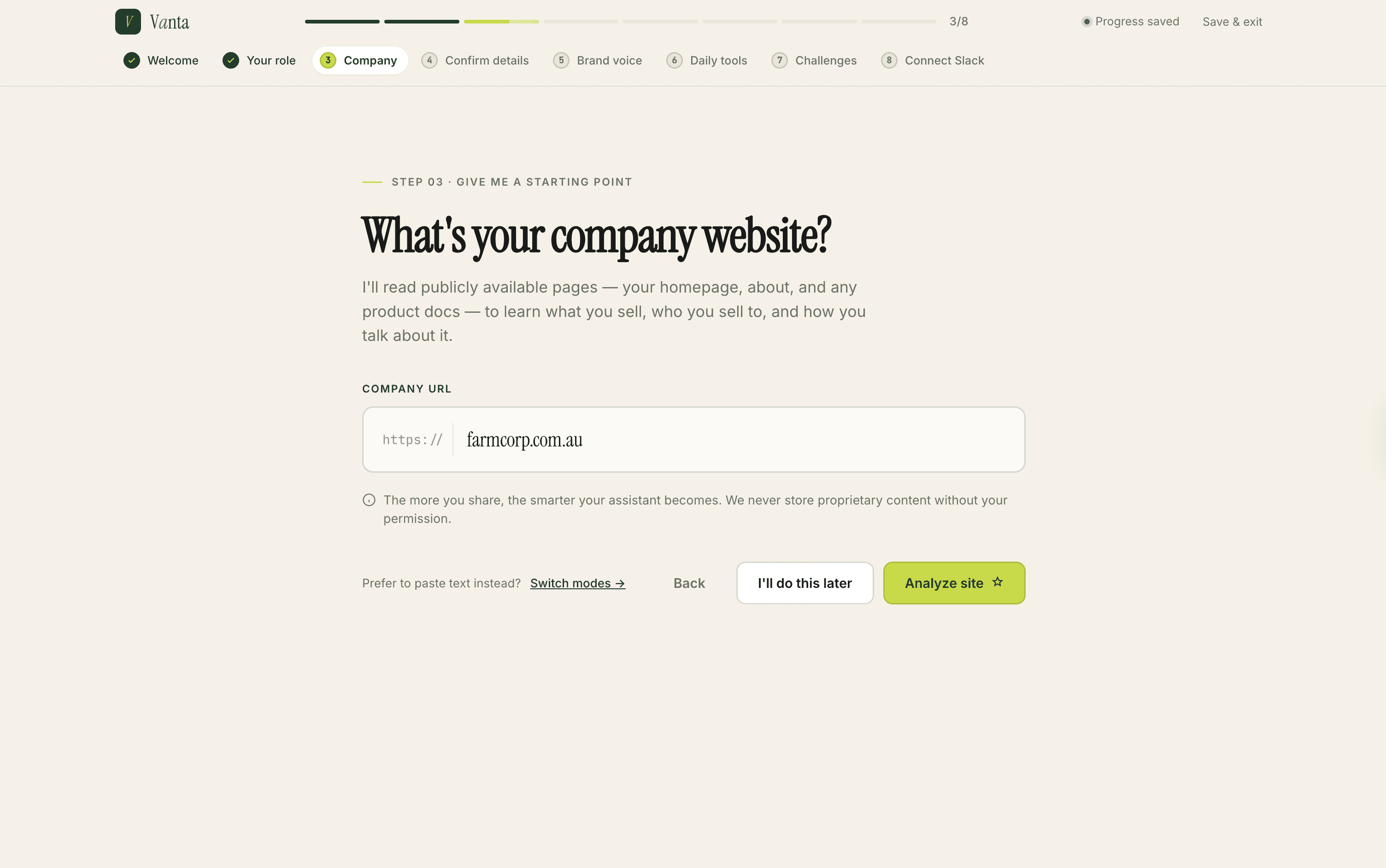 Onboarding step 3 entering the company website URL for context extraction