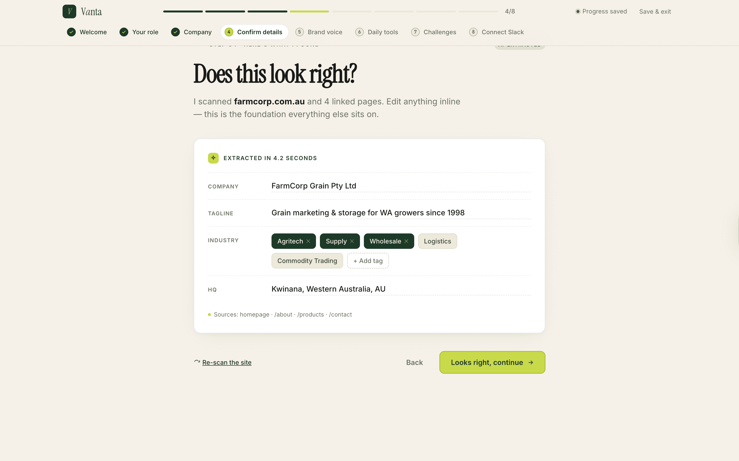Onboarding step 4 confirming extracted company context, industry, and location