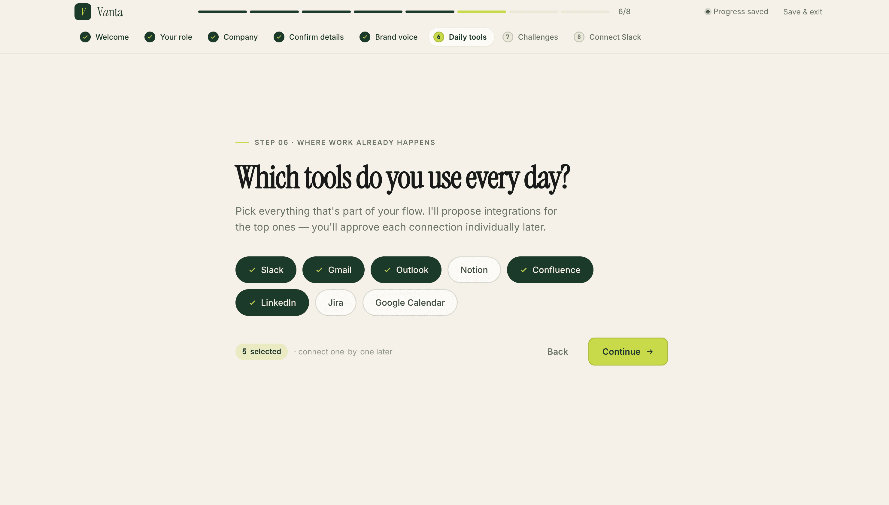 Onboarding step 6 selecting daily tools to integrate with the assistant