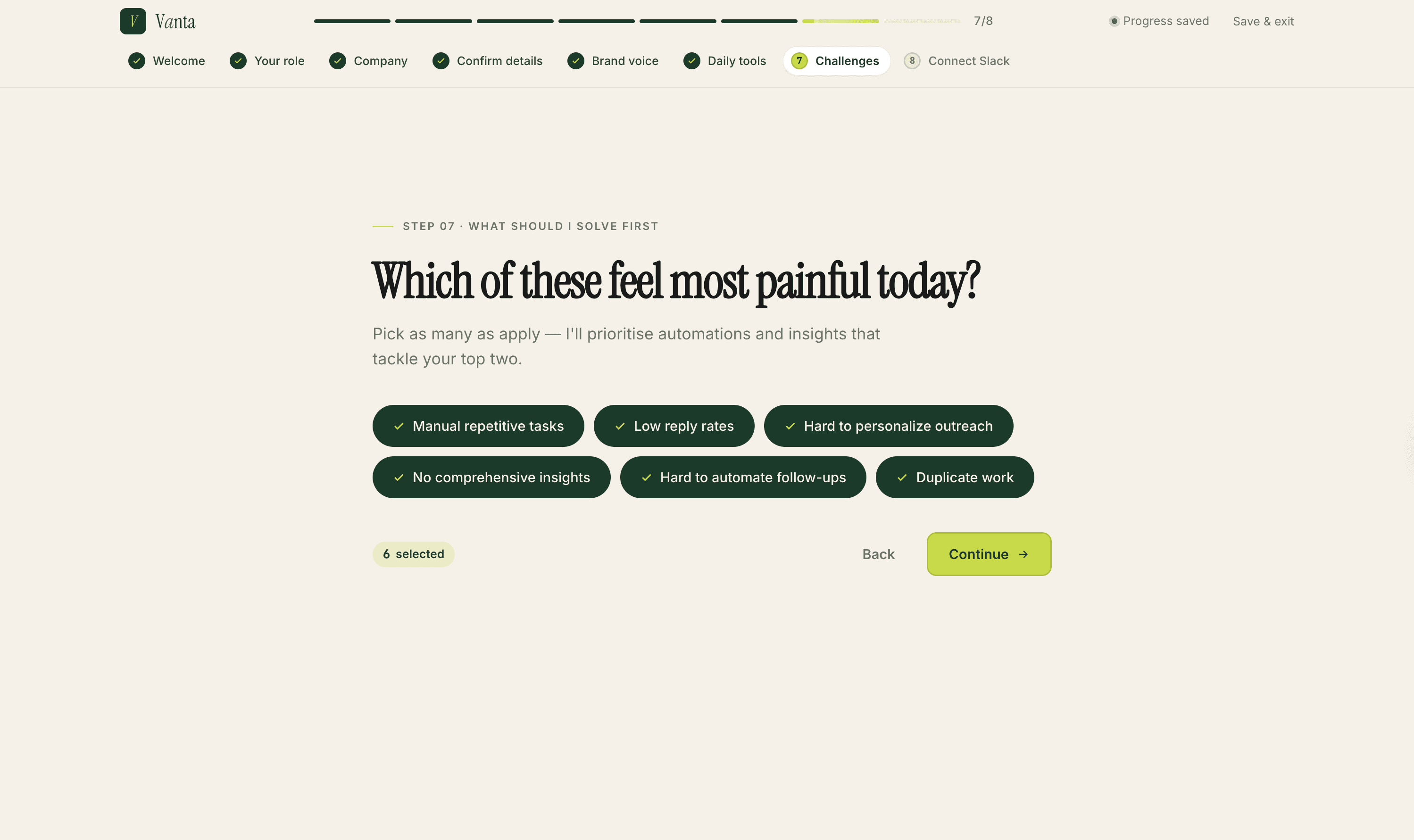 Onboarding step 7 selecting top pain points to prioritise automations