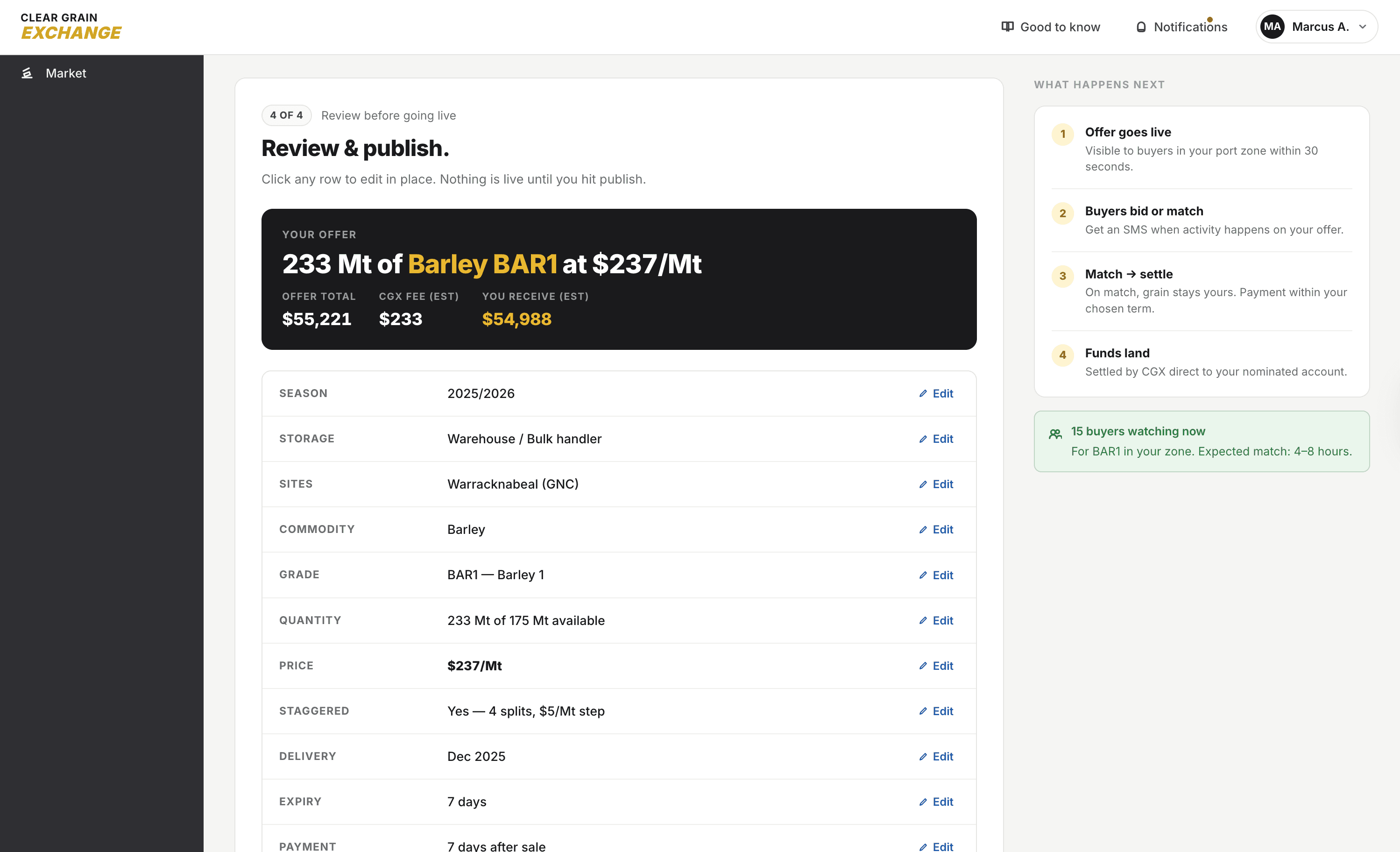 Offer review screen with plain-language fee breakdown before publishing