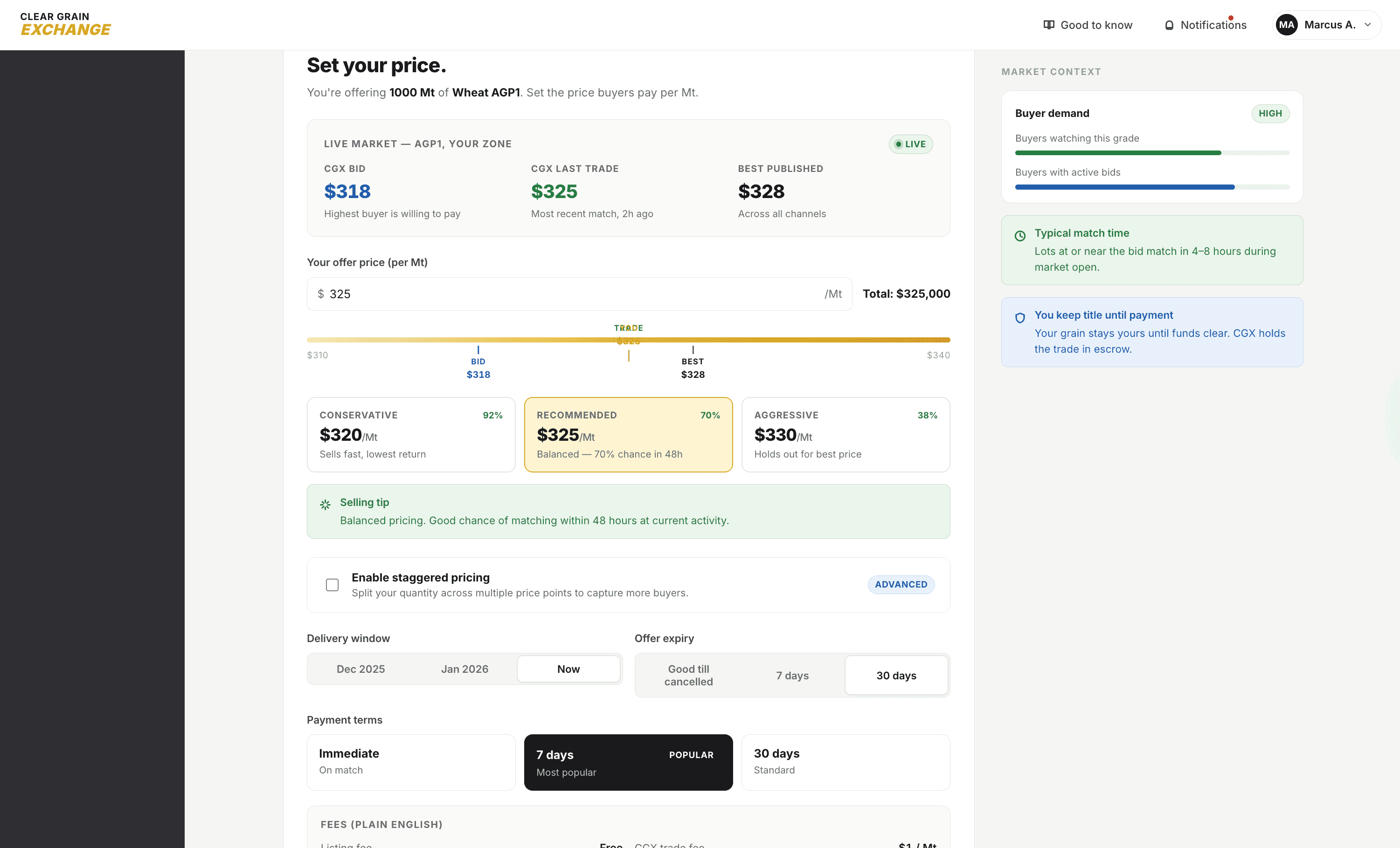 Create Offer screen with CGX bid, trade, and best published bid shown inline next to the price field