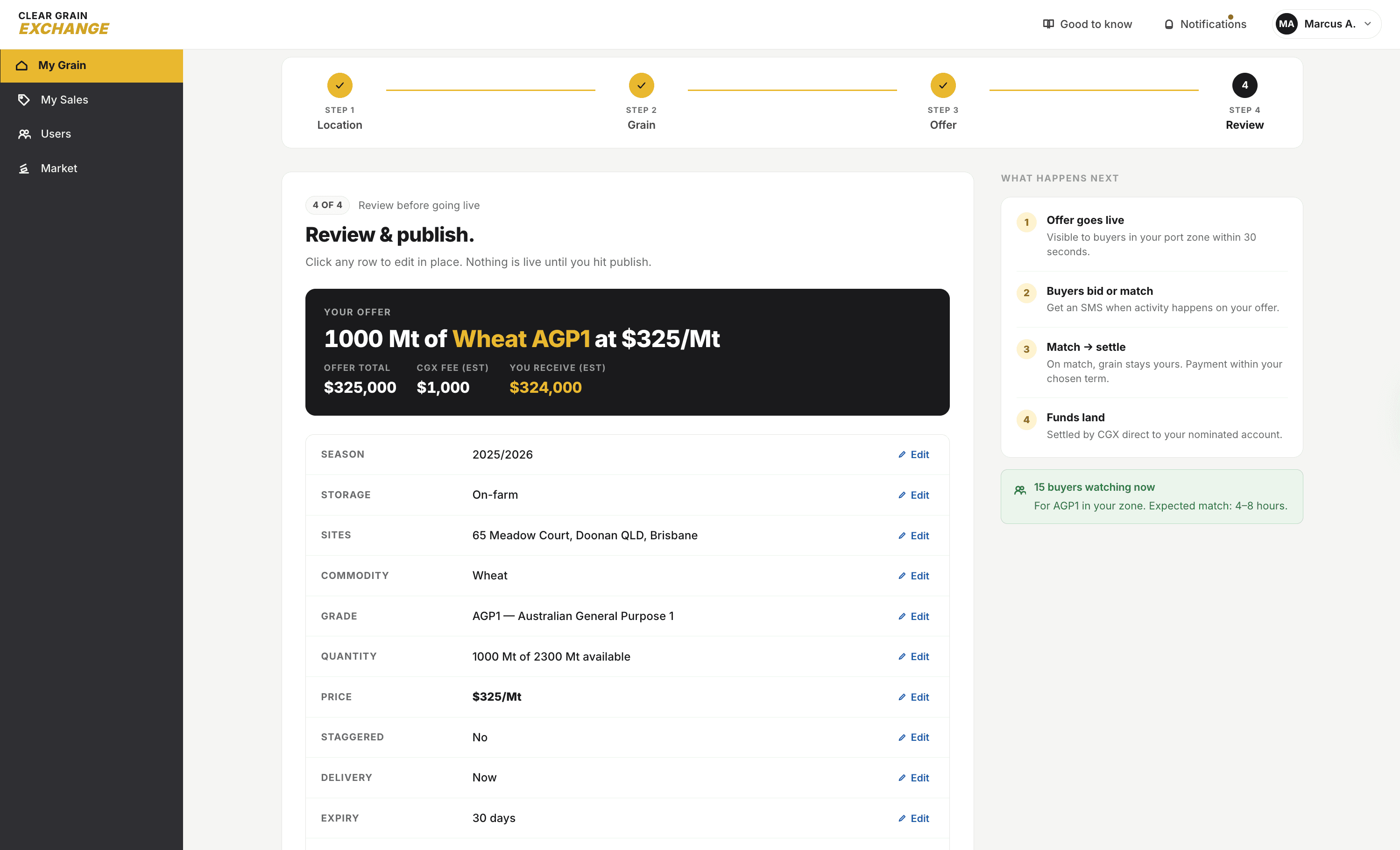 Offer preview with inline editing, no back-navigation required
