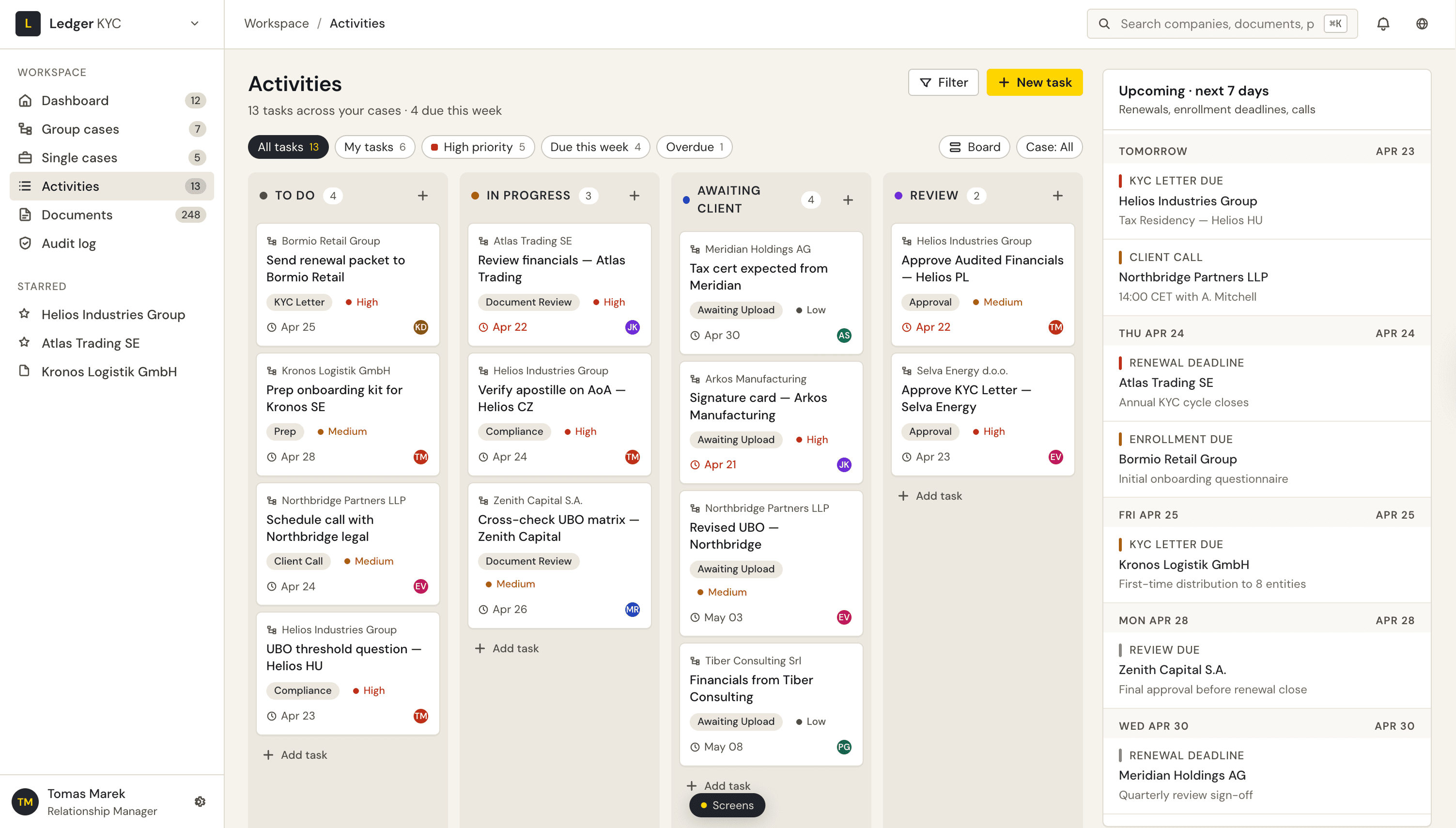 Activities screen showing outstanding tasks for bank staff
