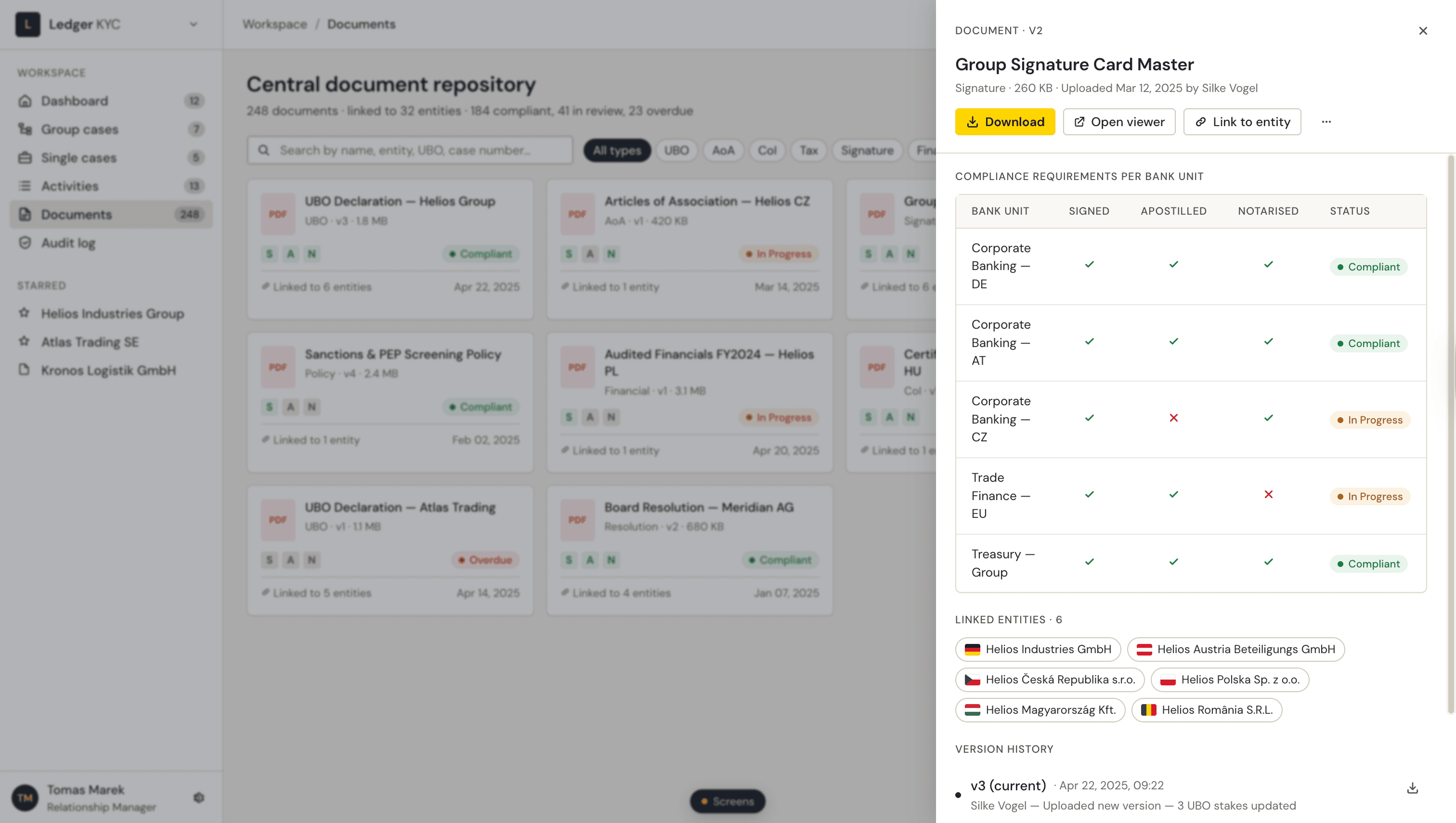 Drill-down view of a single document with compliance requirements per bank unit