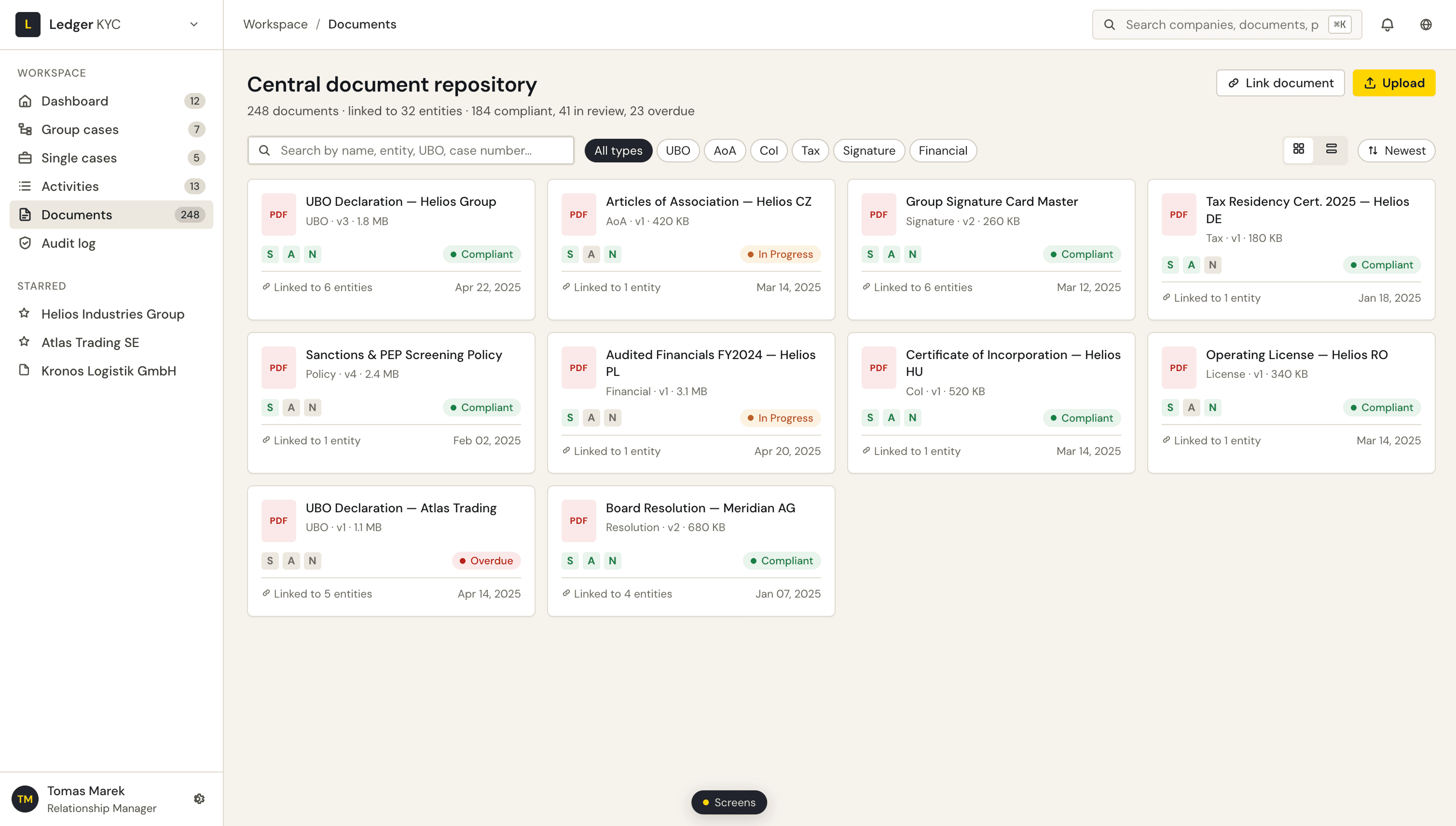Central document repository showing all documents linked across entities