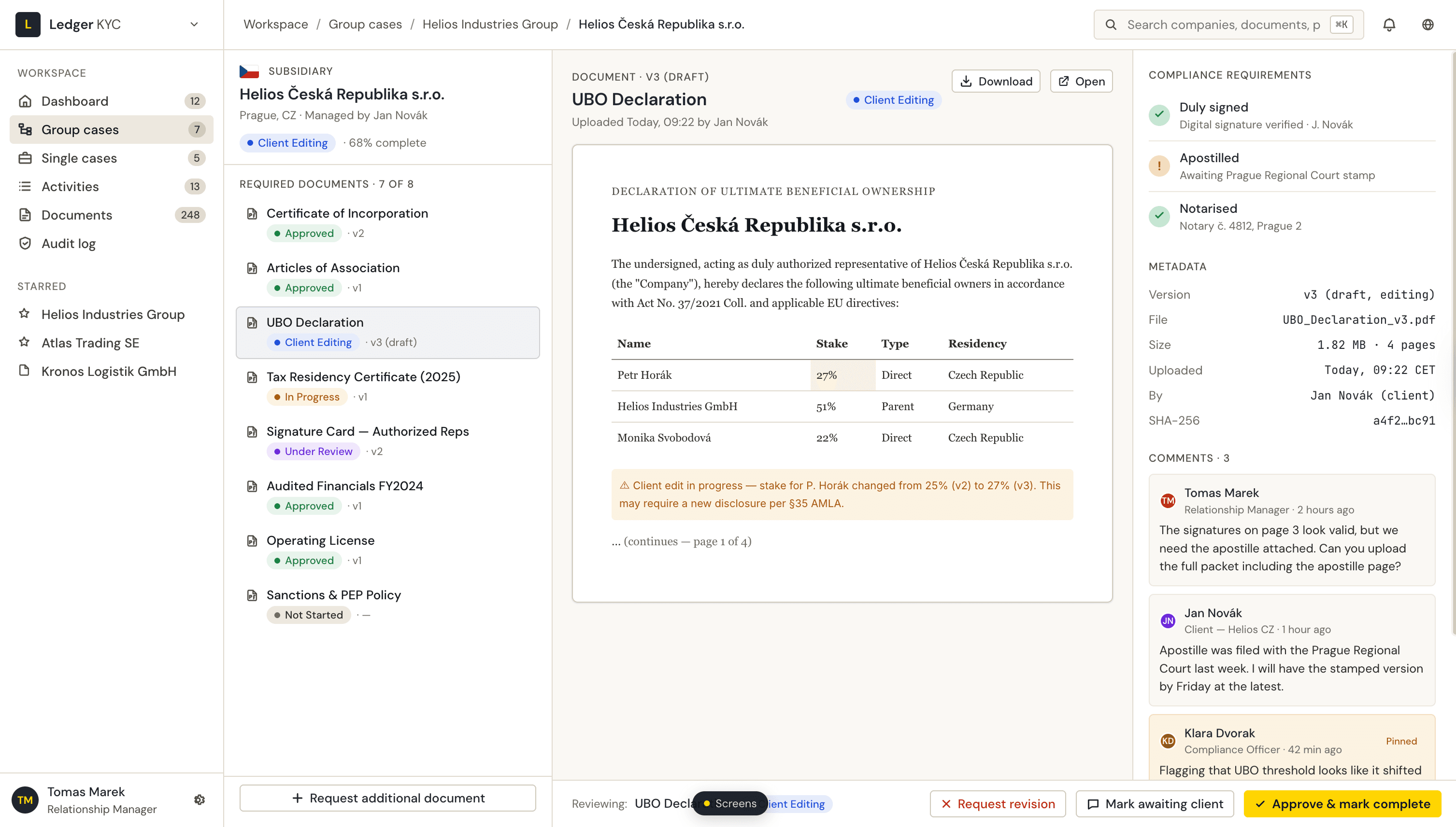 Document upload screen for a Czech subsidiary