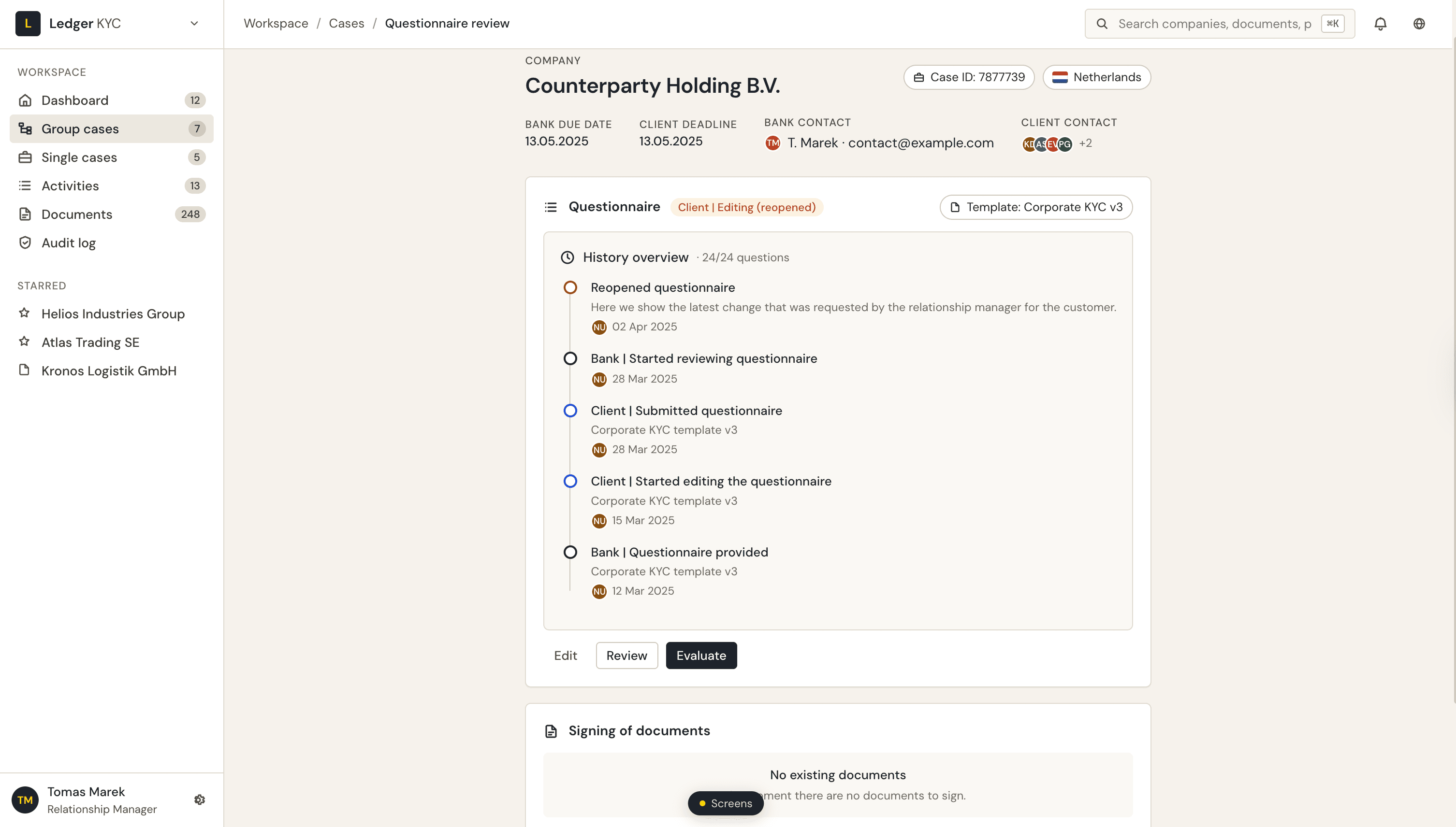 Questionnaire step for corporate client during onboarding